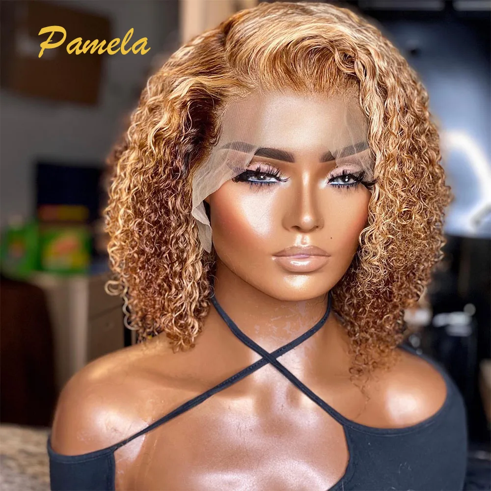 Honey Blonde Short Curly Bob Human Hair Wig Pre plucked Ready To Wear Highlight 27 30 Colored Transparent Lace Frontal Wig