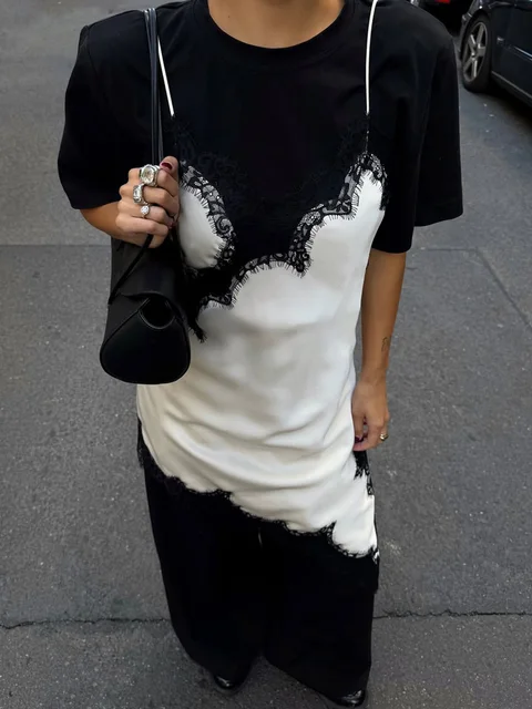 Tossy Sexy Lace Halter Dresses Female Backless Patchwork V-Neck Summer 2025 New Slim Party Dress Women Spaghetti Bodycon Dress 1