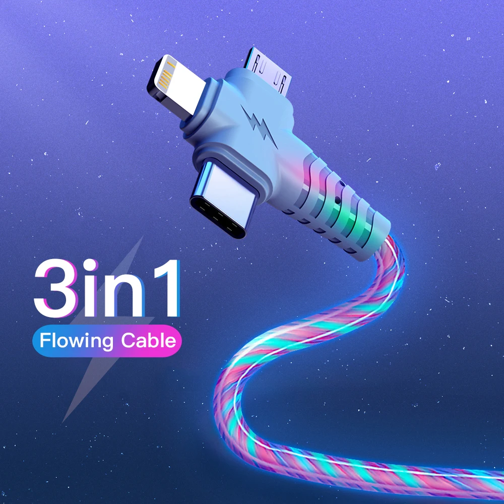 

3 In 1 Flow Luminous USB Cable For Samsung LED Kable USB To Micro USB/Type C/8 Pin Charger Wire Cord For iPhone 14 13 12 Pro Max