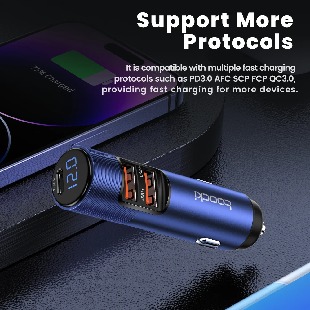 Toocki 69W Car Charger Digital Display 3 Port PD Fast Charing Type C Car Phone Charger for iPhone 14 13 Pro Max Samung Xiaomi car charger car phone charger phone charger
