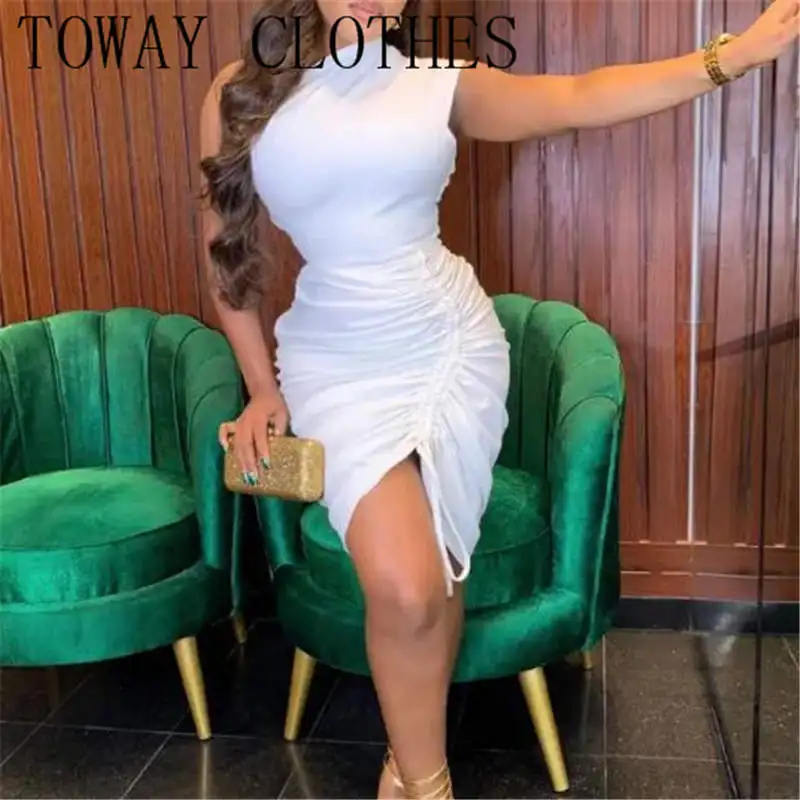 

One Shoulder Drawstring Ruched Prom Dress Ruched Bodycon Dress Women Solid Length Adjustable Mid-calf Night Club Party Dress