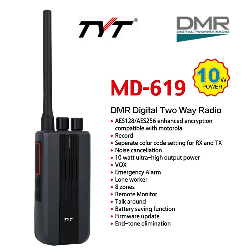 TYT MD619 10W AES128 AES256 DMR Digital Walkie Talkie High Power