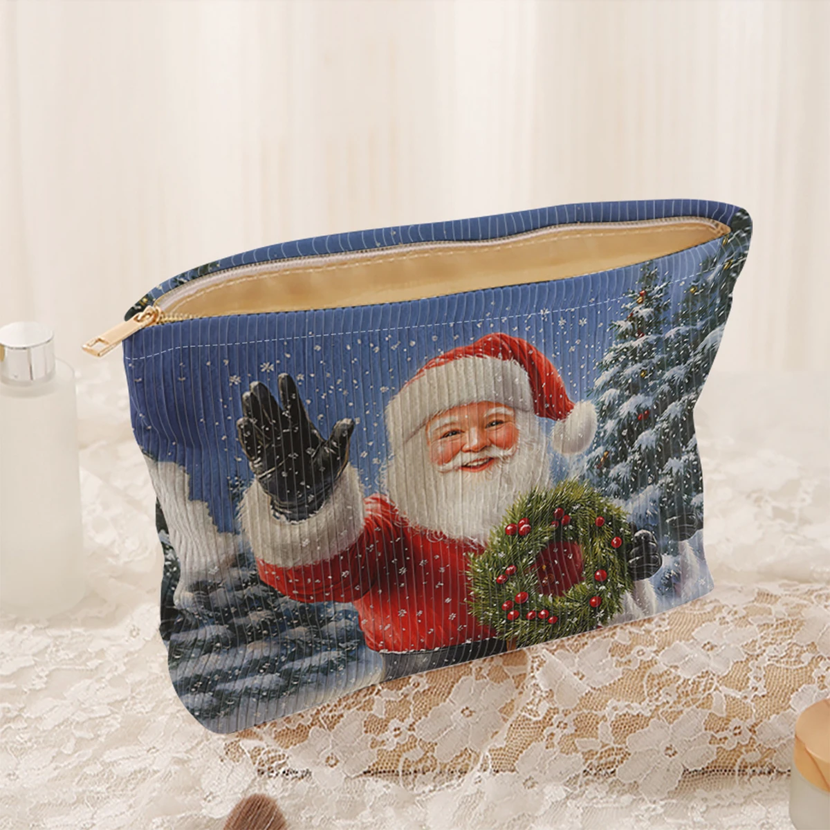 1 Christmas themed corduroy makeup bag, lightweight zipper makeup storage box, multifunctional bag with lining