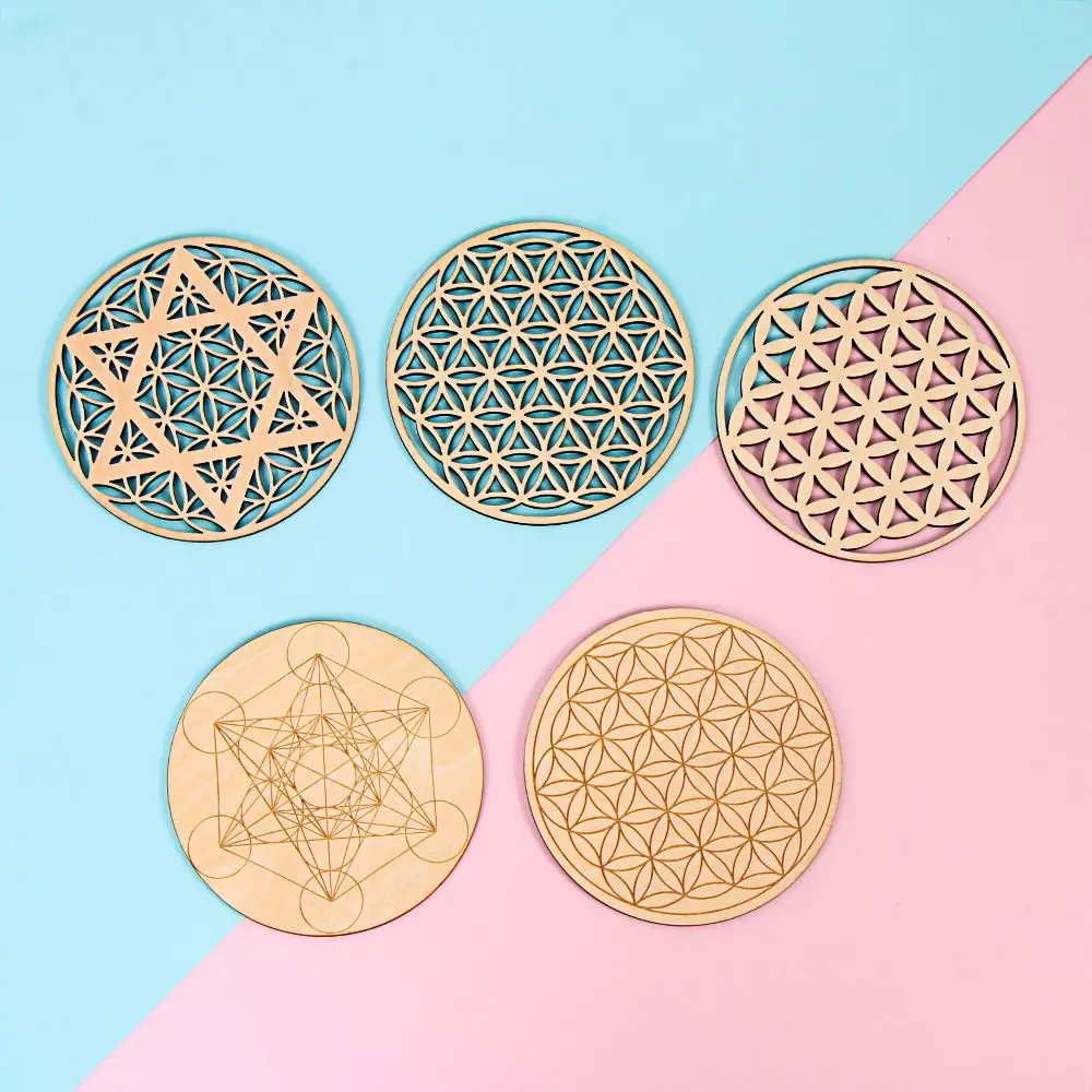 1PC Chakra Flower of life Natural Symbol 7 Kinds Wood Round Edge Circles Carved Coaster For Stone Crystal Set DIY Decor Healing