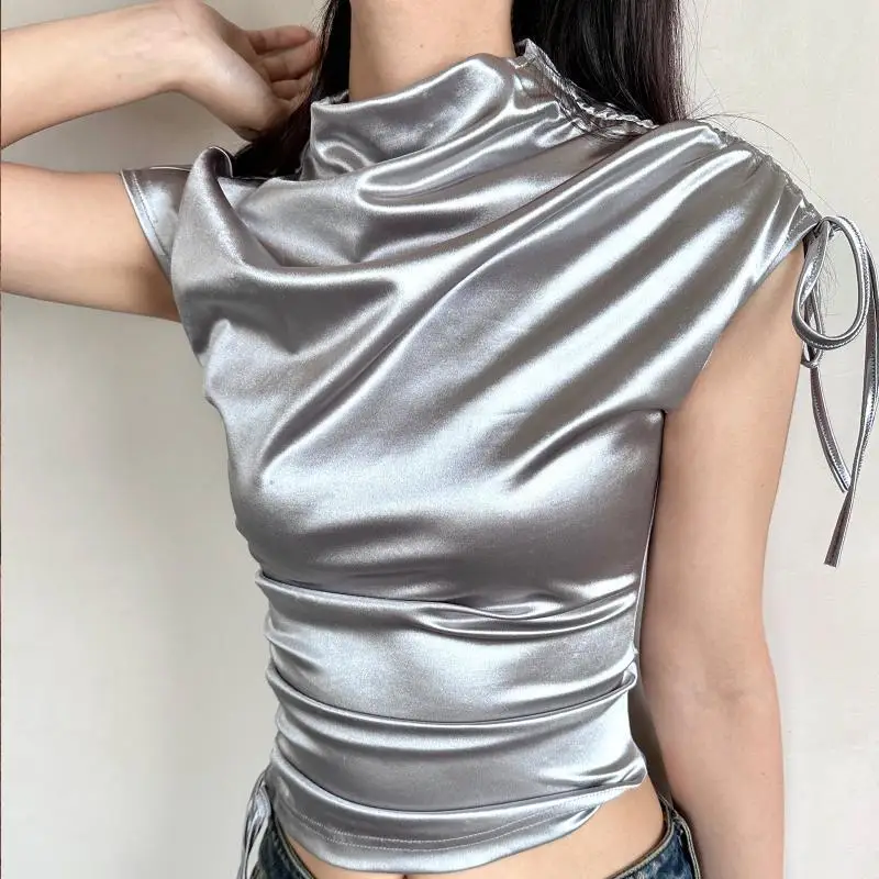 실버 드로스트링 하프 하이넥 반팔 티셔츠, 슬림하고 섹시한 크롭 탑, 그런지 그래픽 티, Y2k 의류