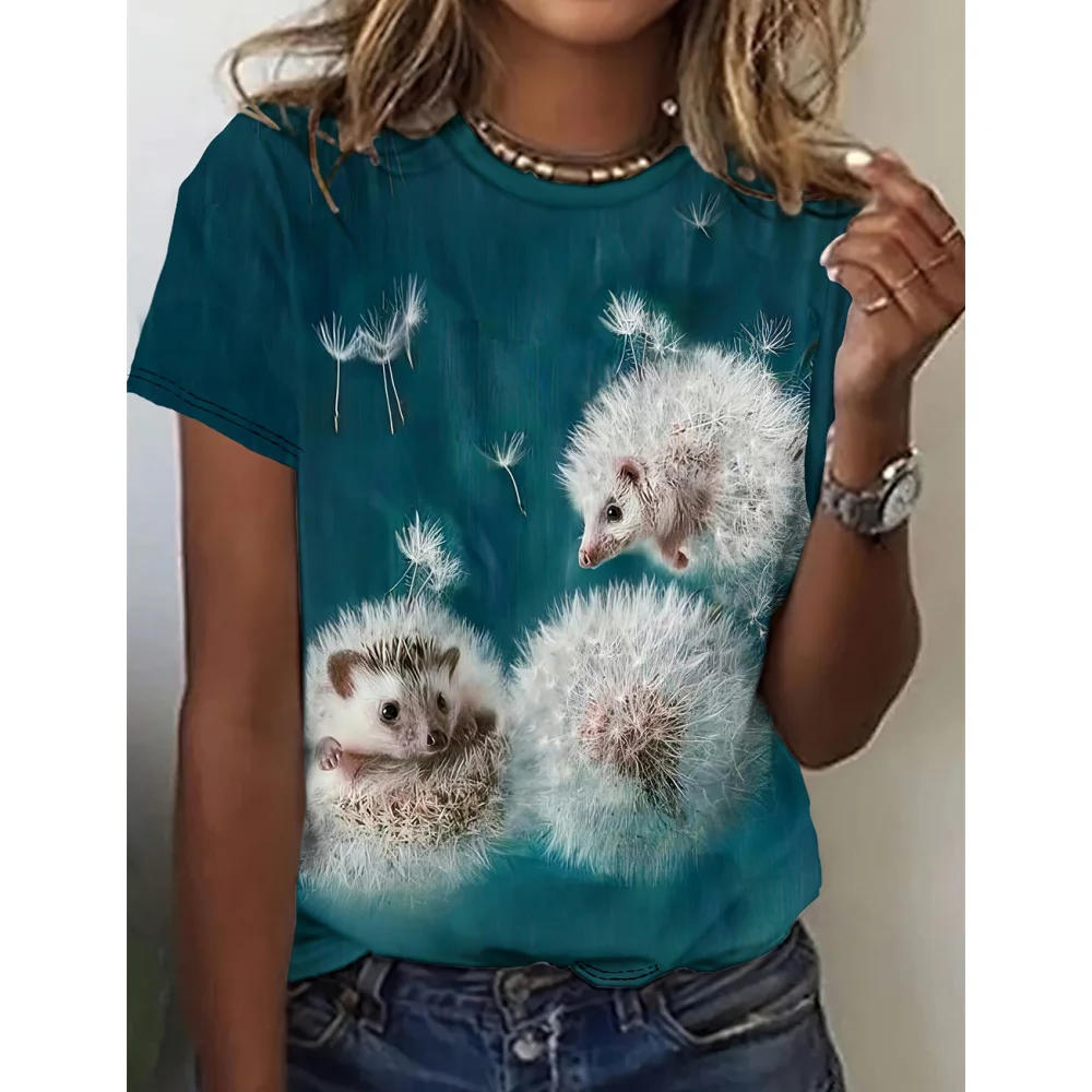 Damen-T-Shirt, lustiges Tier, 3D-Druck, T-Shirt, Charaktere, niedliches Tier, Harajuku, lässig, kurzärmelig, Oberteil, übergroße weibliche Kleidung
