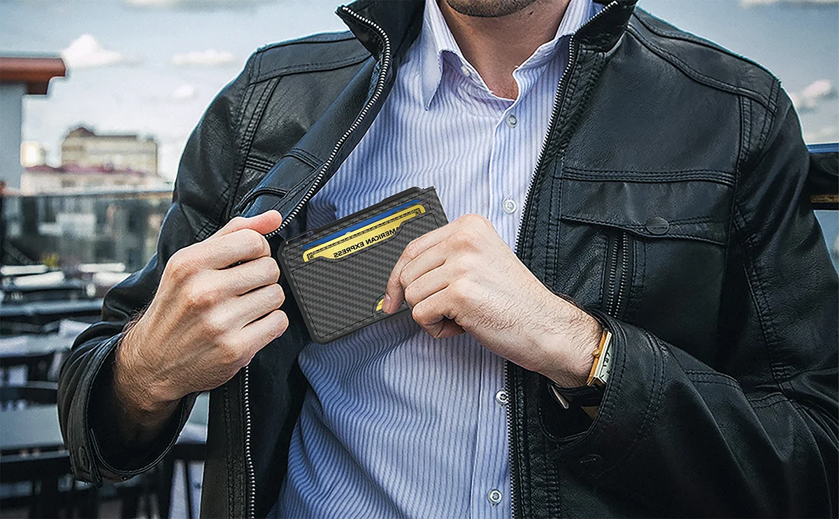 RFID-Geldbörse für Herren aus Kohlefaser, Diebstahlschutz, schmale Geldbörse – ultradünner Smartcard-Halter mit Pop-Up-Mechanismus und Geldklammer – Detail 1