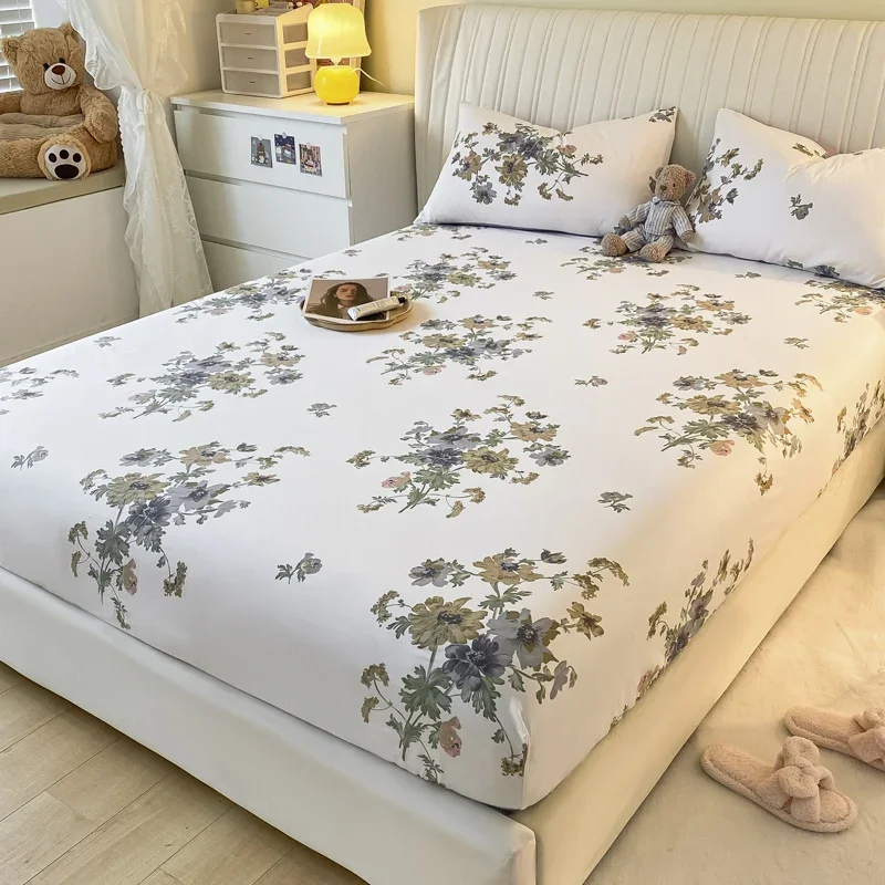 Pure Cotton Printing Fitted Sheet Luxury Mattress Cover Double Queen Size Elastic Band Bed Sheet 160x200 180X200 Fit Sheet 2