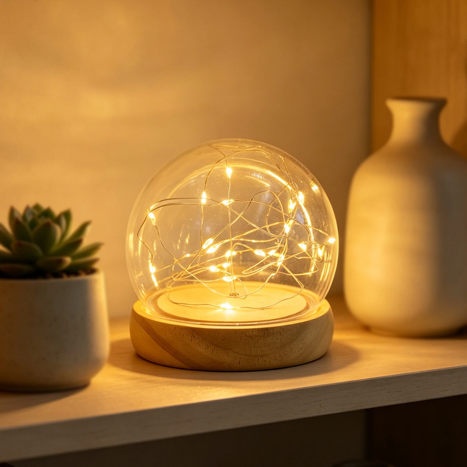 DIY 원형 볼 야간 조명, 20개 LED와 나무 받침대 포함, 침실 장식에 적합