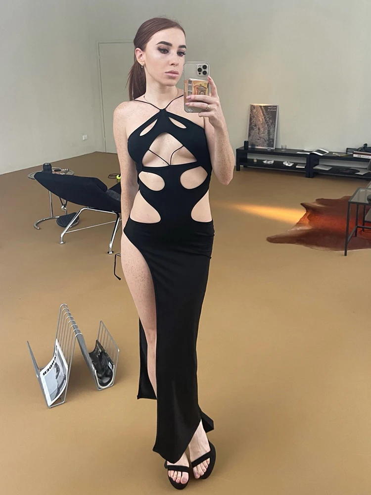 Cryptographic Fashion Black Halter Cut Out Hight Waist Split Long Dress Women Club Party Hot Sexy Backless Maxi Dresses Clothes 4