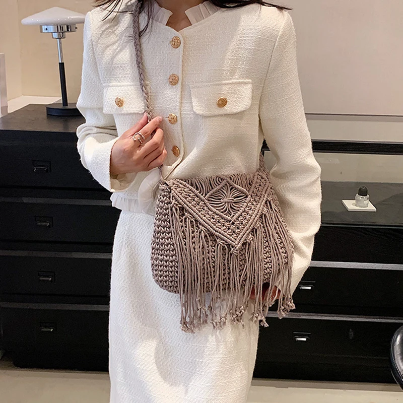 Handmade Cotton Woven Knitted Tassel Crossbody Bag Vintage Shoulder Messenger Bag Female Fashion Beach Summer Handbags for Women