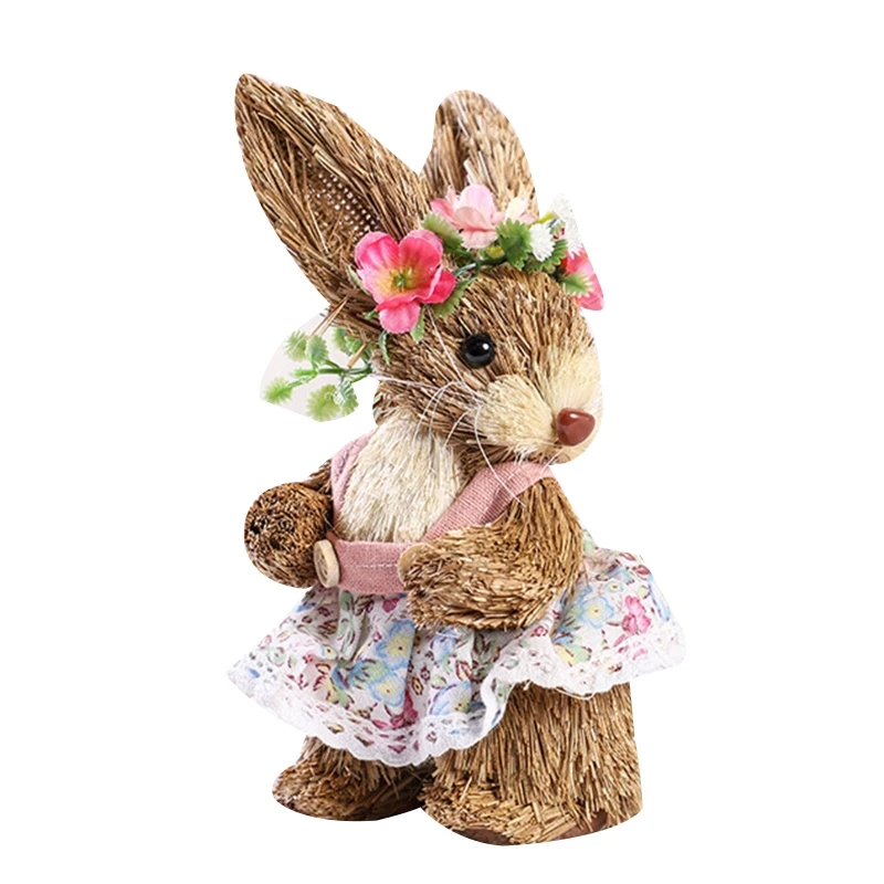 

Easter Straw Rabbit Ornament for Creative Artificial Bunny for Doll with Flower Wreath Apron Standing Figurine Party