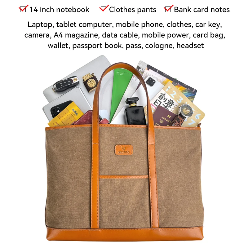 Retro Canvas Bag Handmade Genuine Leather Briefcase Travel Suitcase Tote Bags For Men Large Capacity Business Laptop Handbag