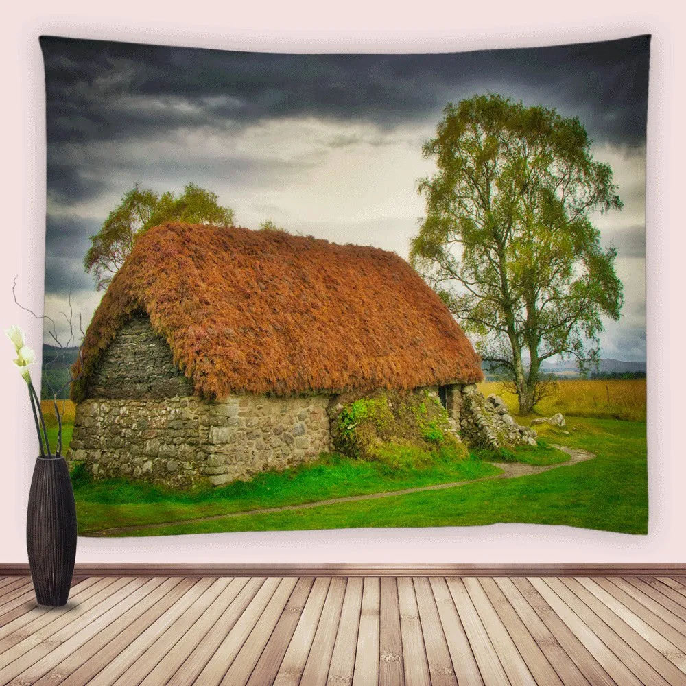 

Stone House Tree Tapestry Natural Scenery Country Fields Wall Hanging Fabric Tapestries for Living Room Bedroom Dorm Decor Home