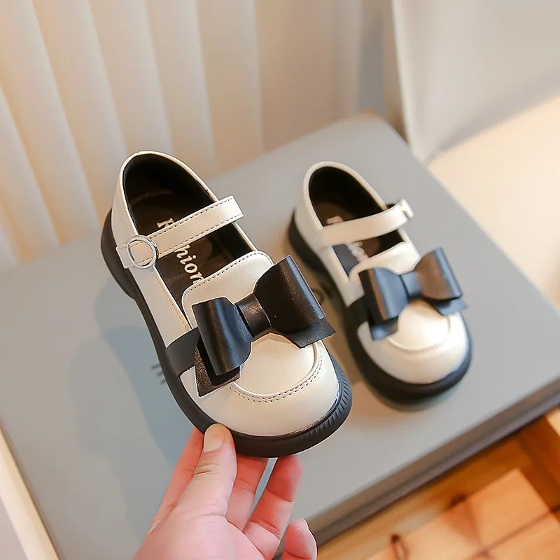 

Children Fashion Britain Style Girls Leather Shoes for Uniform Simple Hook & Loop Bow Kids Shoes 2023 New Spring Autumn Casual