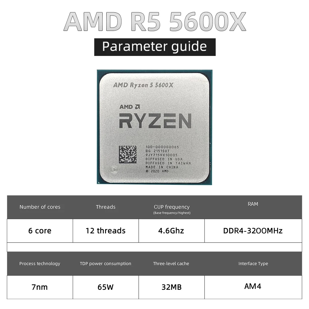 NEW AMD Ryzen 5 5600X R5 5600X 3.7 GHz 6-Core 12-Thread 65W CPU Processor  L3=32M 100-000000065 Socket AM4 Origin Box With Cooler