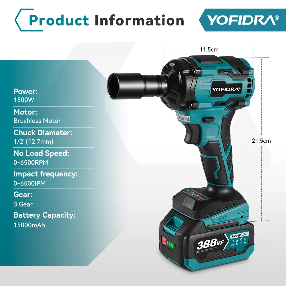 YOFIDRA 1000N.m Brushless Electric Impact Wrench High Torque 1/2 inch Screwdriver Wrench Drill Socket Set for Makita 18V Battery 2