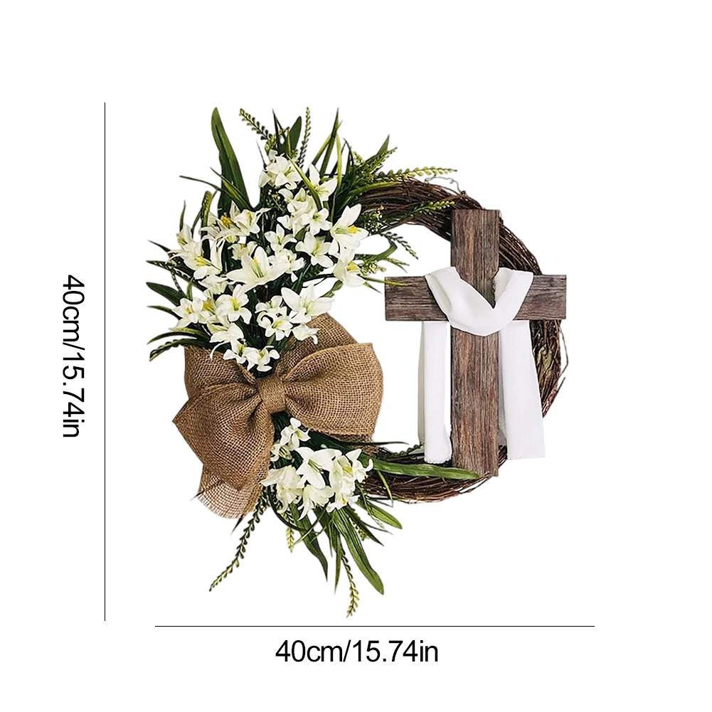 2025 Osterkreuz-Kranz mit Schleife, Rattan-Ring-Girlande, 40/50 cm, hängende Verzierung für Zuhause, Haustür, Wand, Garten, Dekoration, Kunst, Geschenk