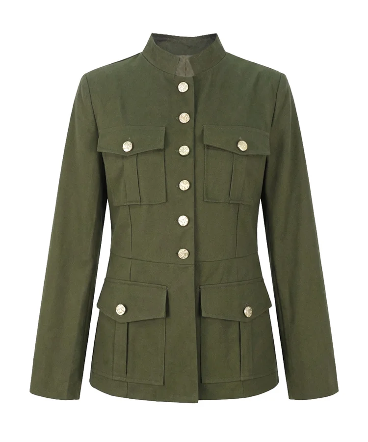 UOOZEE Women's Military Style Jackets Army Green Stand Collar Gold Button Slim Fit Multi-Pocket Casual Office Blazer Outerwears 12 Sea69966f86994da8bdda4156c8709ades