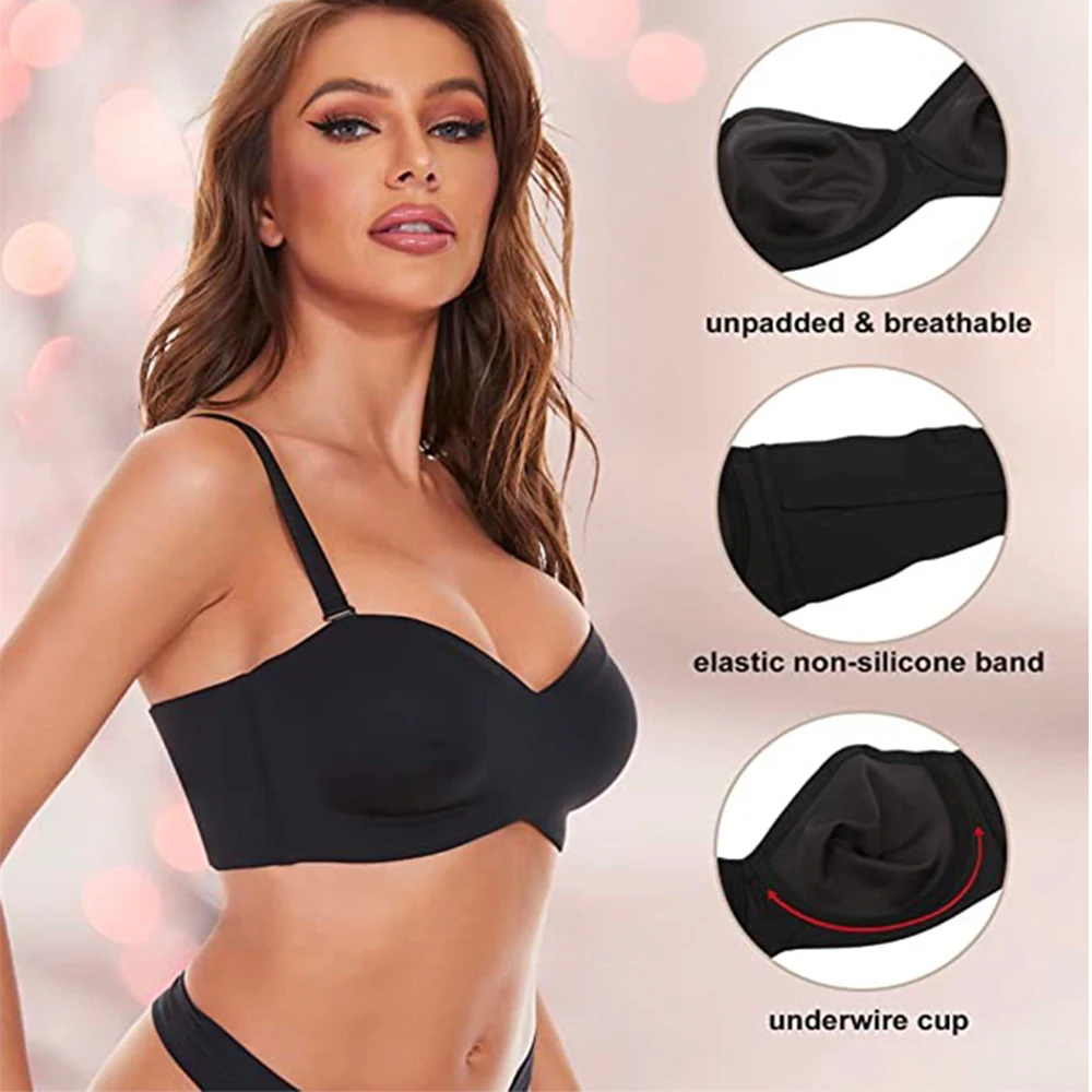 Full Support Non-Slip Convertible Bandeau Bra Strapless Push up Plus Size  Seamless Bra Underwire Convertible Smoothing Unpadded