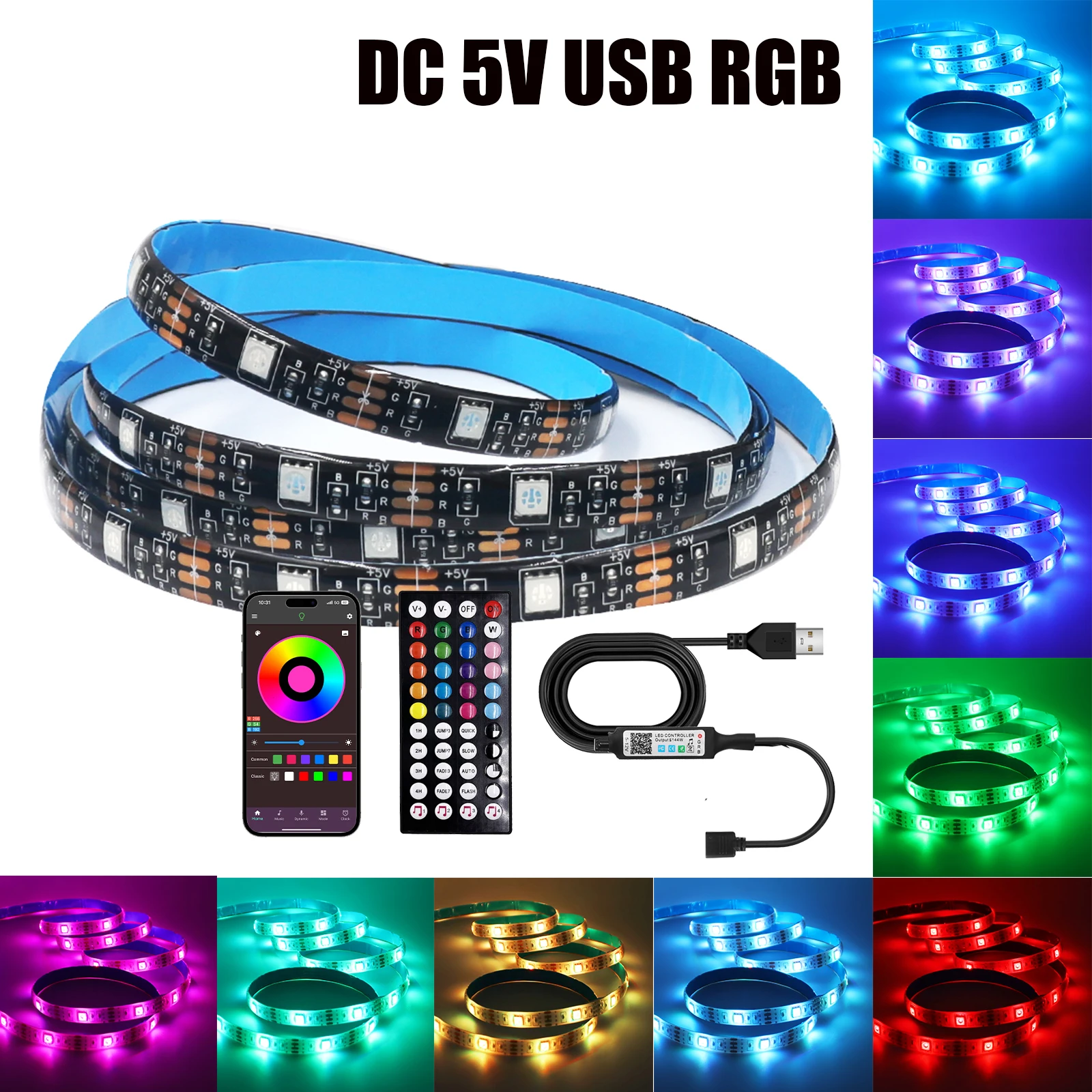 DC 5V USB RGB LED Strip Kit Black PCB Bluetooth/3Key/44Key IR Remote ...