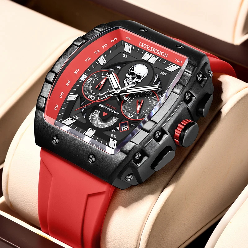 

LIGE Fashion Skull Watch Men Luxury Top Brand Silicone Sports Quartz Watches Waterproof Chronograph Wristwatch Relogio Masculino