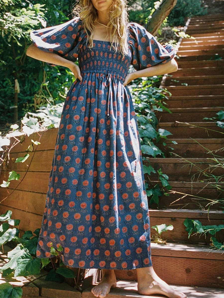 Women Puffed Sleeve Dress Casual Summer Plaid Floral Print Square Neck Party A-Line Dress for Beach Cocktail Streetwear