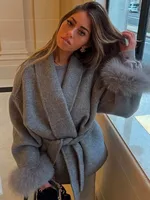 Elegant Lace Up Woolen Coat Women Solid Loose Lapel Furry Belt Long Sleeve Short Jacket 2025 Autumn Winter Lady Cardigan Outwear 4