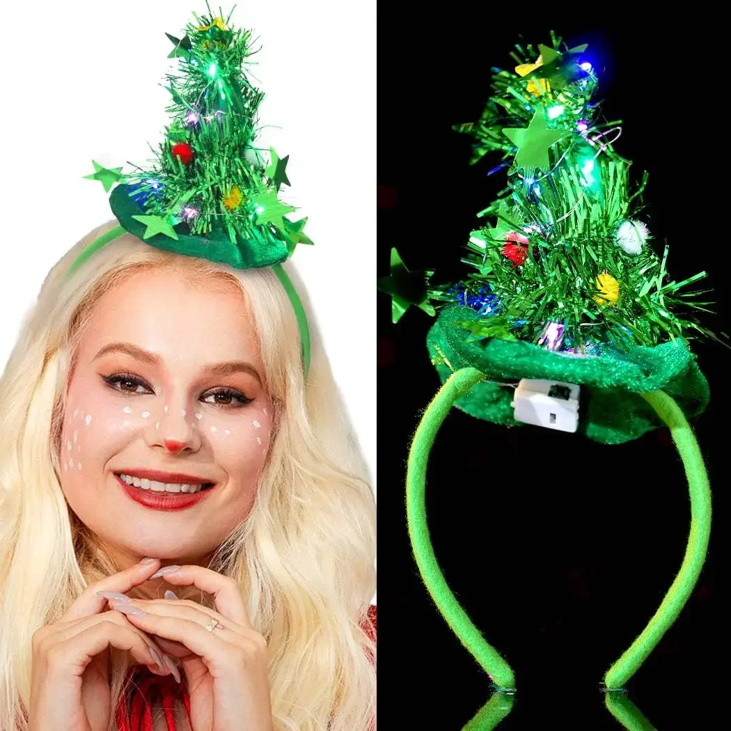 Light Up Christmas Headband Christmas Tree Headbands LED Green Xmas Hair Bands Women Girls Glow Xmas Hat Party Hair Accessories