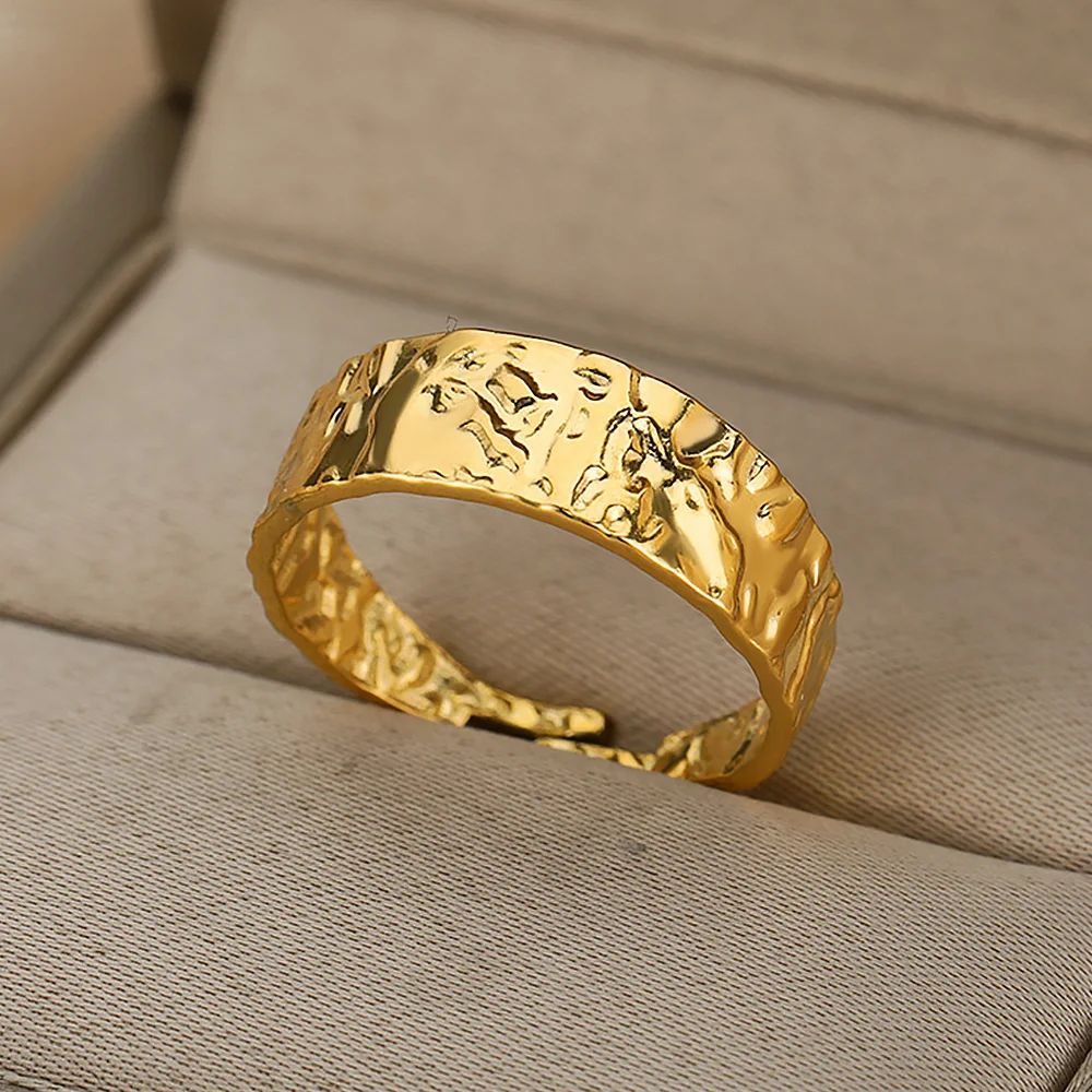 Gold Color Rings Stainless Steel Open Adjustable Retro Wide Textured Rings for Women Gothic Punk Hip Hop Jewelry
