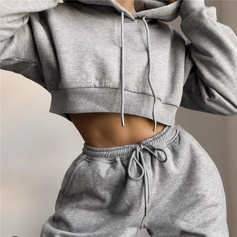 2021 Autumn and Winter New Women's Two-piece Solid Color Hooded Long-sleeved Sweater Fleece Sports Fashion Trousers Casual Suit