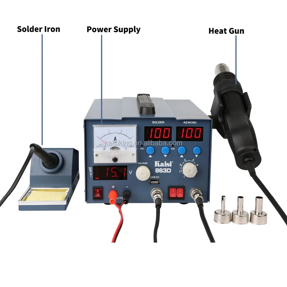 

Kaisi K-863D 3 in 1 Soldering Rework Station Hot Air Gun SMD Soldering Rework Station With Power Supply For BGA PCB IC Repair