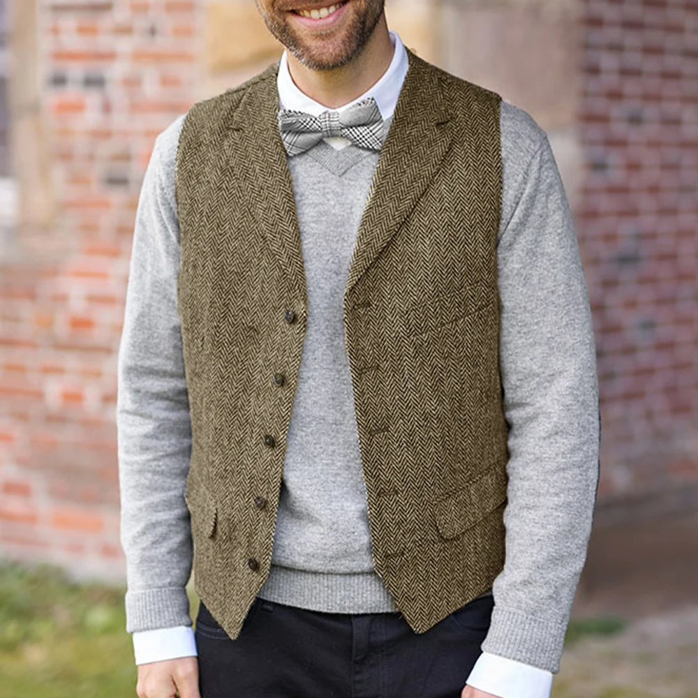 Retro Men's Vest Suit Herringbone Tweed Vests Satin Back Dinner Party Single Breasted Sleeveless Waistcoat Male Dress Casual
