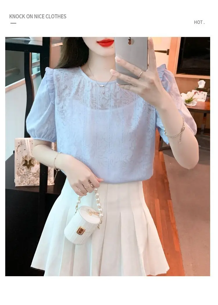 반팔 쉬폰 여성의 새로운 상의는 나이를 줄여주는 기질과 슬림한 레이스 셔츠