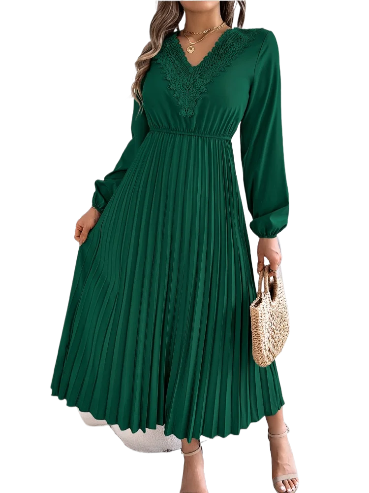 Solid Spliced Stick Drill Elegant Dresses for Women Round Neck Long Sleeves Temperamnet Dress Female Fashion New