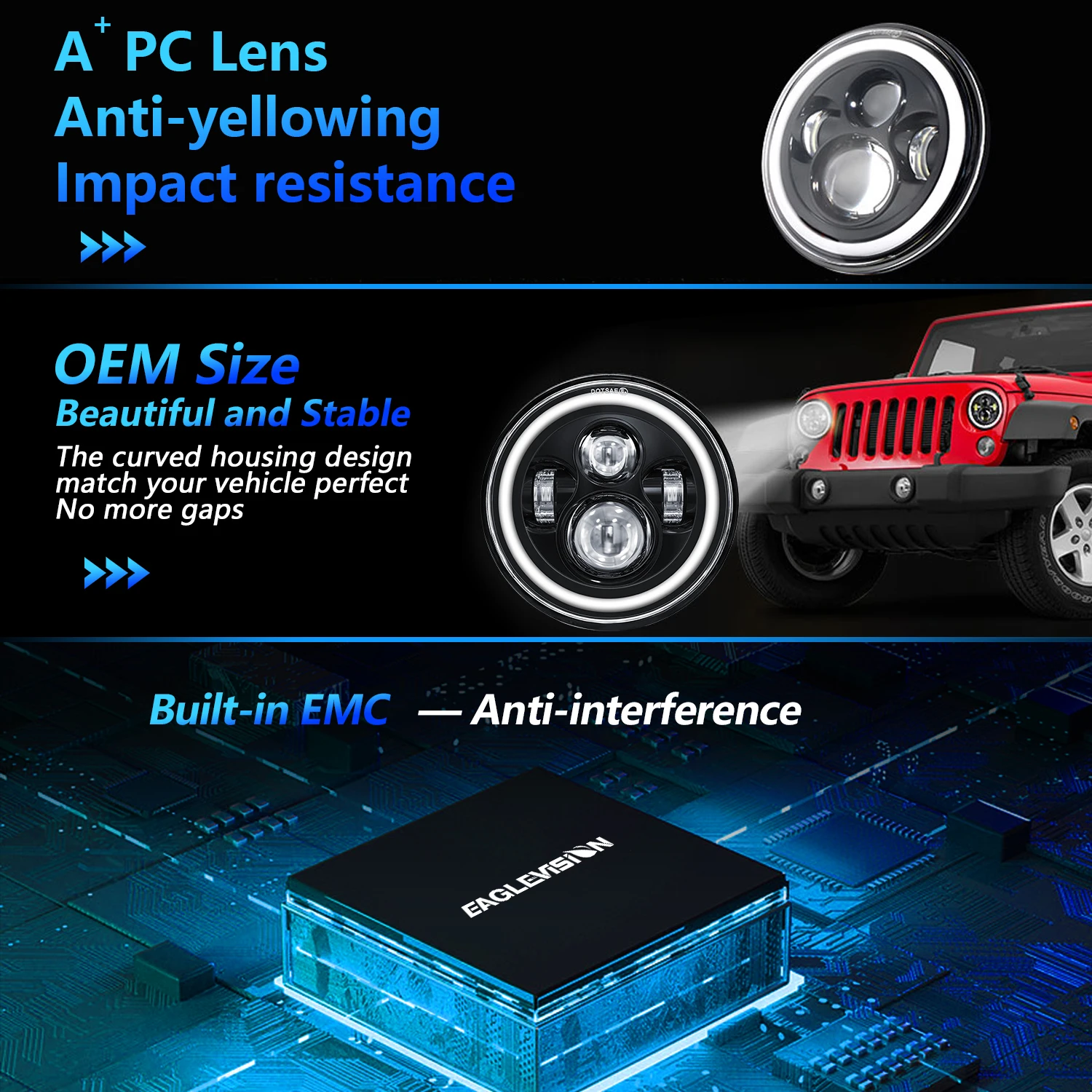 Angel Eyes DRL 7" Car Headlamp with High/Low Beam Turn Signal Jeep Crystal Len