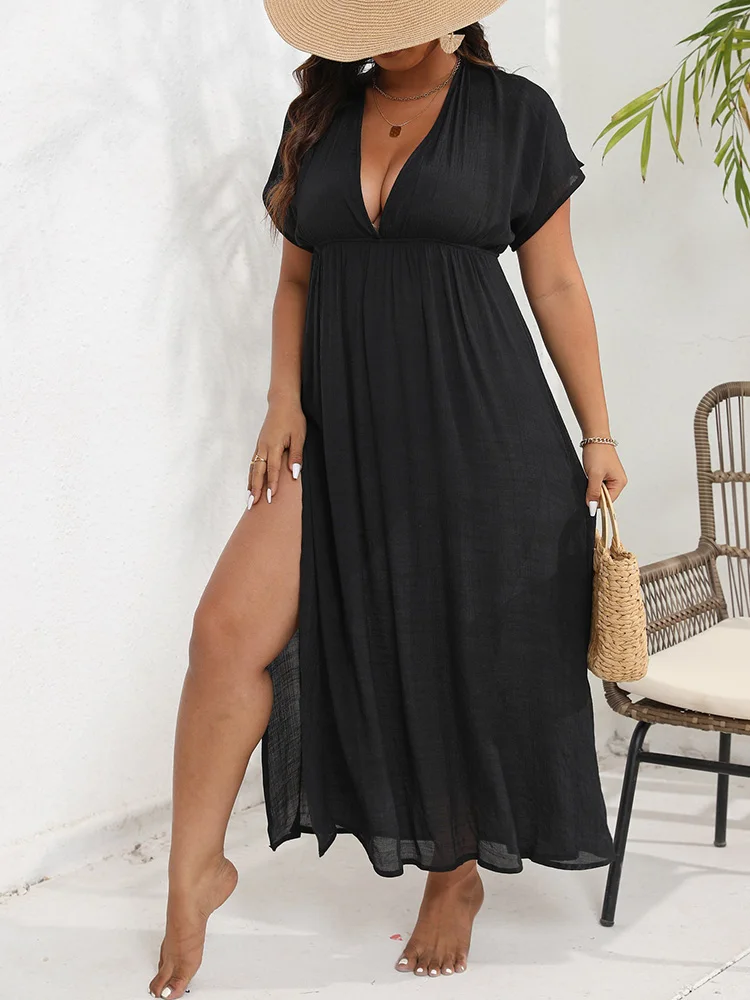 GIBSIE Plus Size Sexy Deep V Neck Backless Bikini Cover Up Women Summer 2024 New Vacation Casual High Split Long Beach Dresses 5