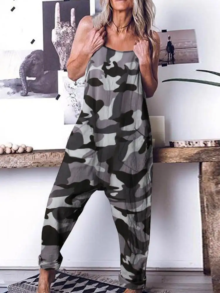 Women Camouflage Printed Jumpsuits Celmia 2023 Summer Spaghetti Strap Casual Loose Drop-Crotch Long Rompers Harem Pants Overalls