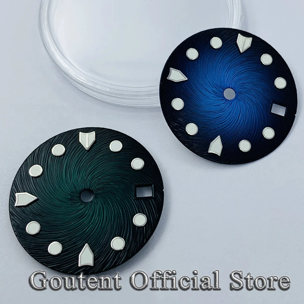 Goutent 28.5mm Green Luminous Sterile Black Watch Dial Fit NH34 NH35 NH35A Movement 3 O'clock Crown 3.8 O'clock Crown