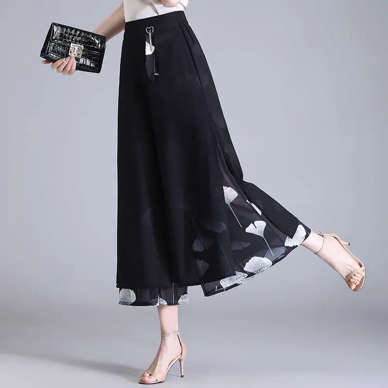Female Clothing Wide Leg Casual Pants Stylish Patchwork High Waist Elastic Summer New Commute Floral Printed Basic Cropped Pants