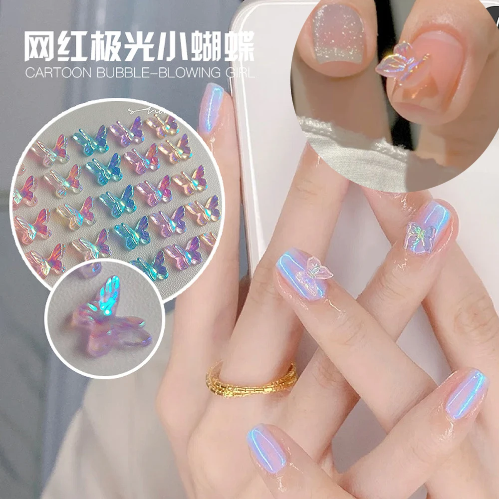 

50Pcs/Bag Aurora Butterfly Nail Art Decoration Resin Long Ribbon Bowknot Nails Jewelry Manicure Accessories 2022 Nail Parts