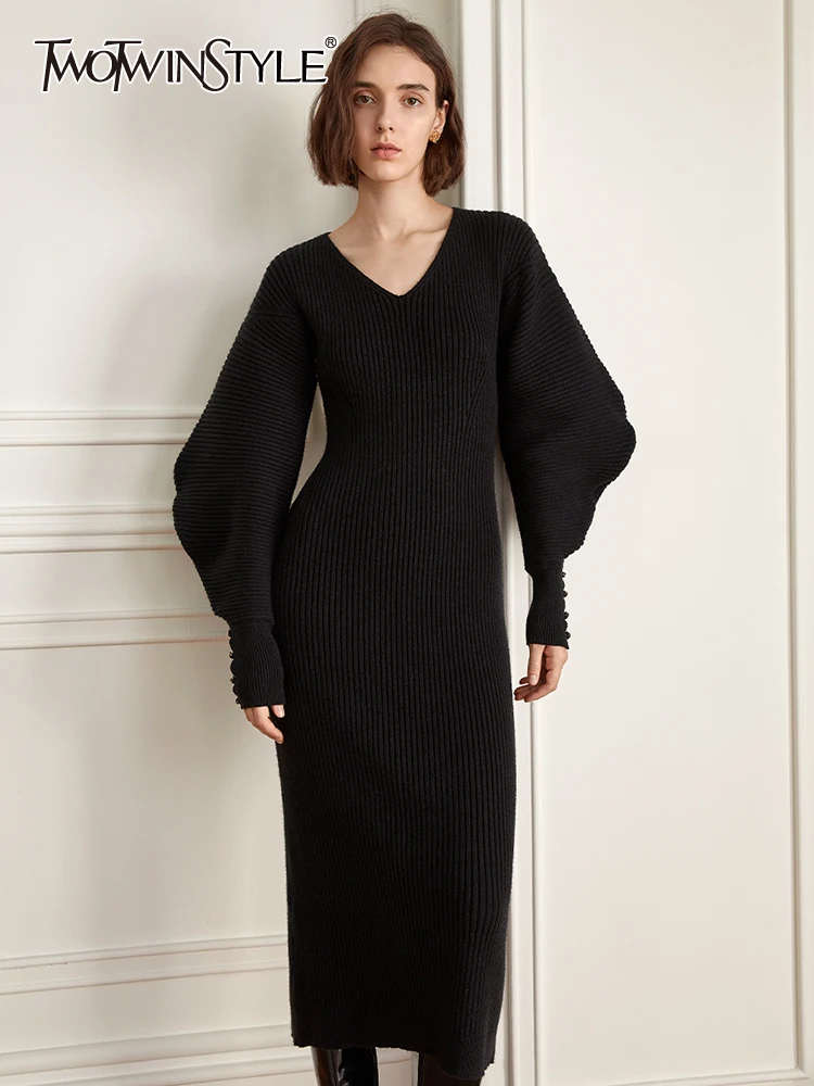 

TWOTWINSTYLE Solid Knitting Slimming Dresses For Women V Neck Lantern Sleeve High Waist Temperament Dress Female Fashion 2023