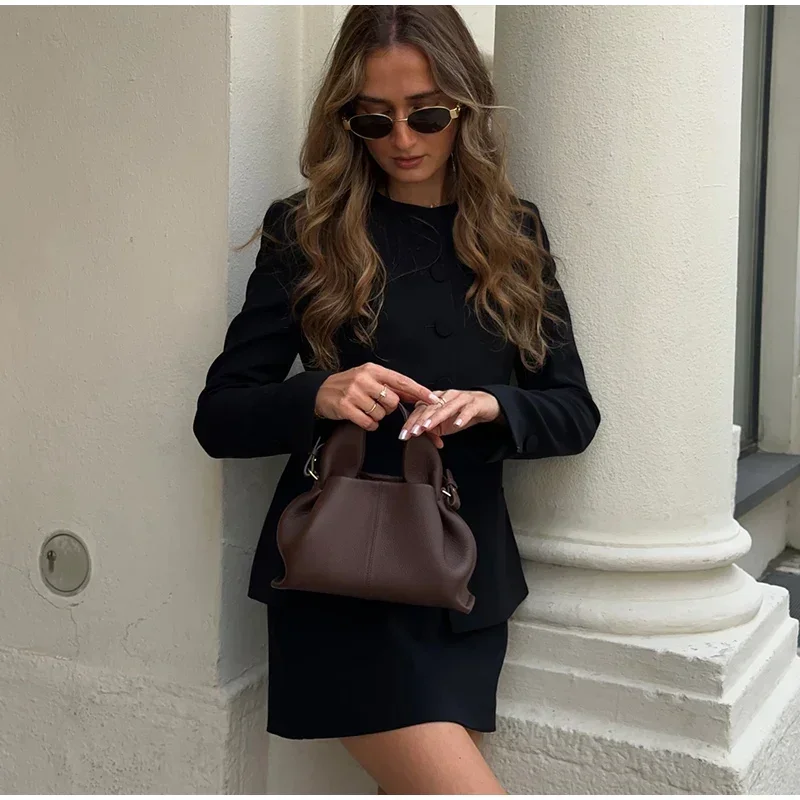 Elegant Blazer Skirt Suit Women Slim Long Sleeve O-neck Button Jacket Mini A-line Skirt 2025 Spring Lady New in Matching Outfits