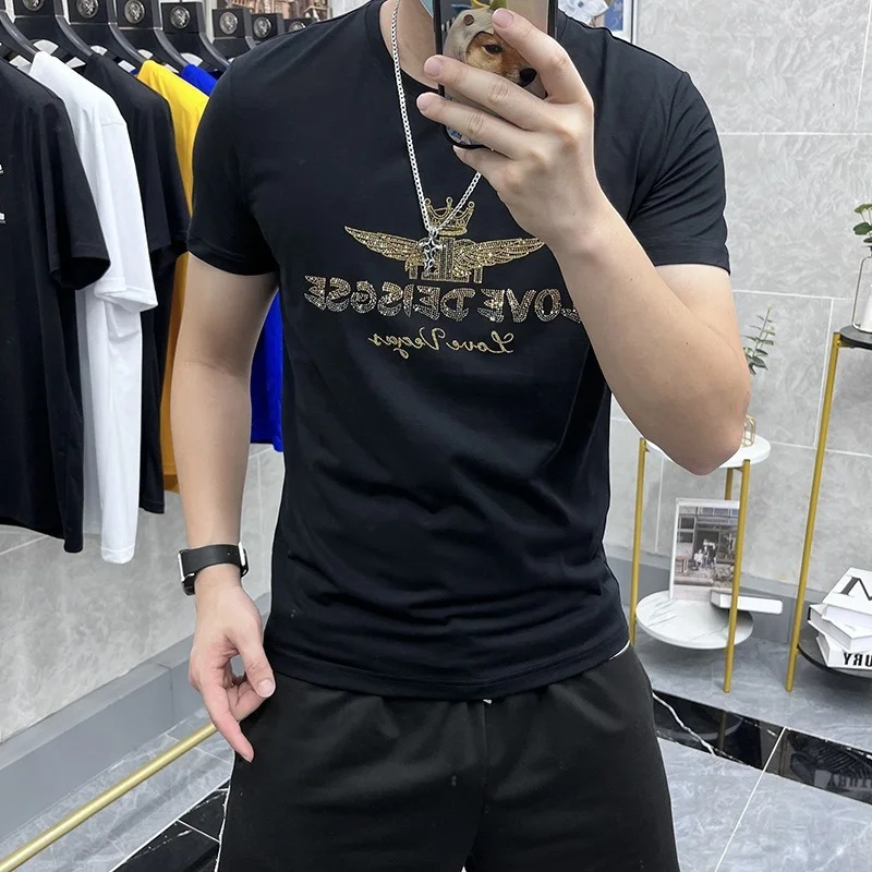 Luxurious Rhinestones T Shirts For Men 2022 Summer Short Sleeve Slim