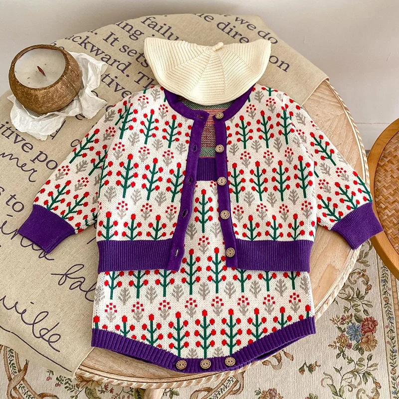 

Новинка весны 2024, комплект одежды для новорожденных девочек, вязаный кардиган с длинным рукавом + комбинезон, детский вязаный костюм