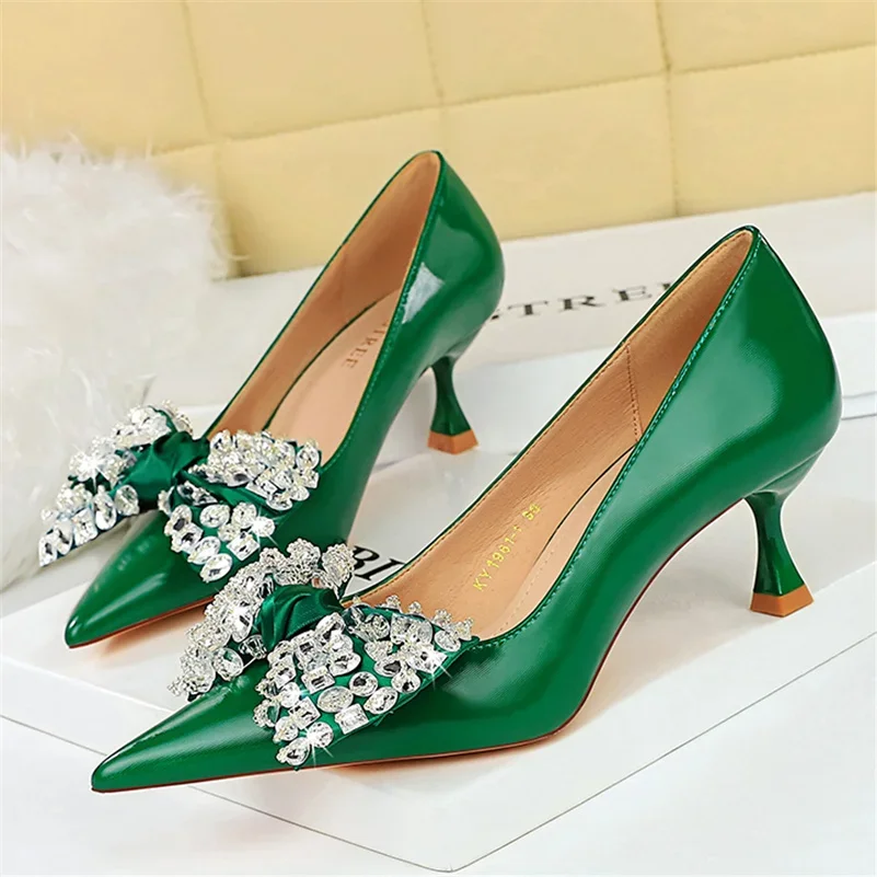 

Women 5.5cm High Heel Green Pumps Fashion Bling Crystal Rhinestone Bowknot Party Shoes Sexy Pointed Toe Black Heels Ladies Shoes