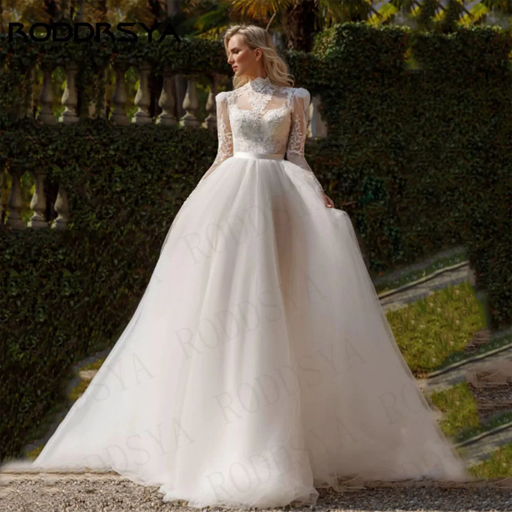 

RODDRSYA Wedding Dress Long Sleeve Vintage Princess High Neck Lace A Line Bride Gown Tulle Applique Bridal Vestidos De Novia