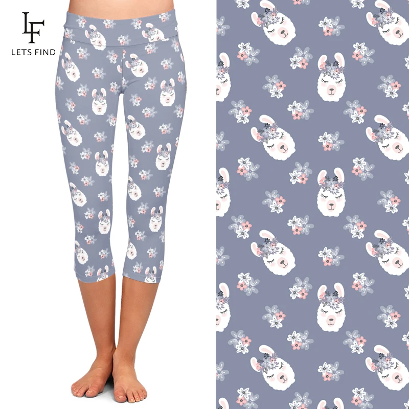 Summer Women High Waist Capri Legging Cartoon Alpaca Printing Fashion Elastic Mid-Calf Leggings  Casual Pants