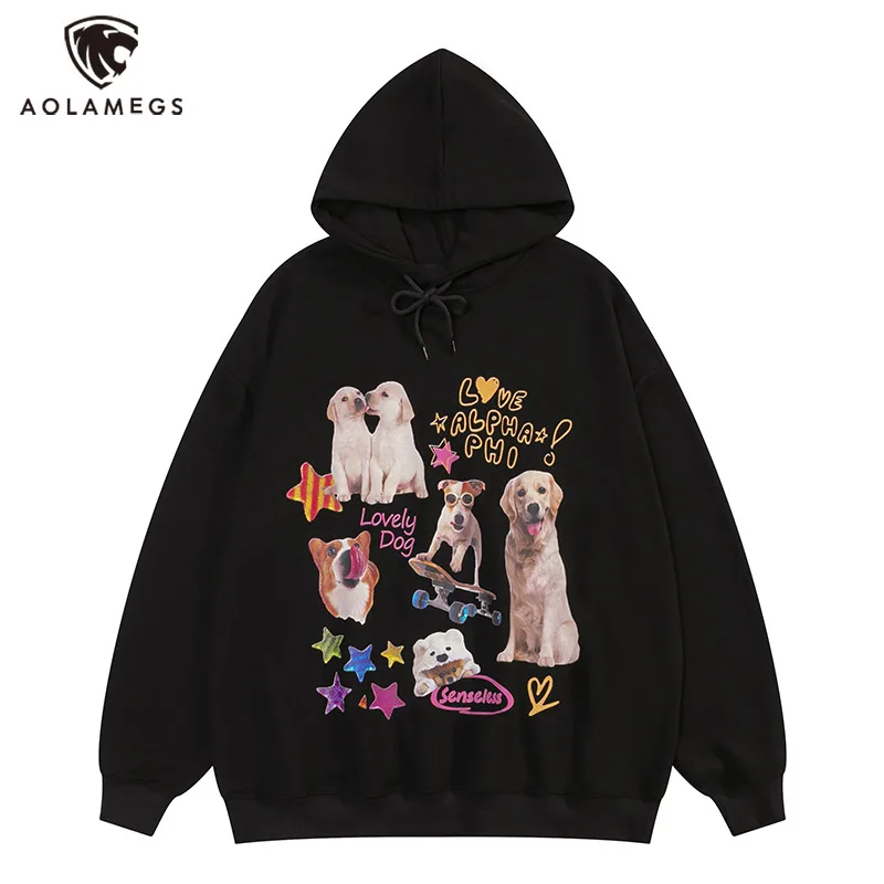 

Hip Hop Dog Pictures Print Colorful Letter Graffiti Hooded Sweatshirt for Men Y2K Fashion Oversized Hoodies Couple Pullover