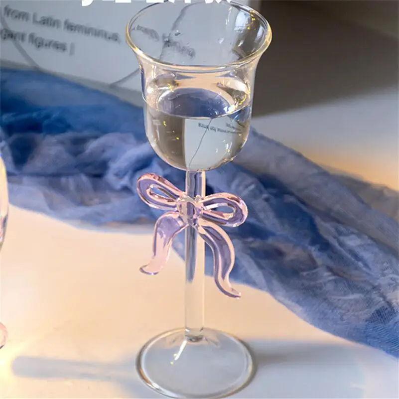 Creative Pink Bow Goblet Champagne Glass Transparent Simple Home Liqueur Cute Wedding Holiday Gift